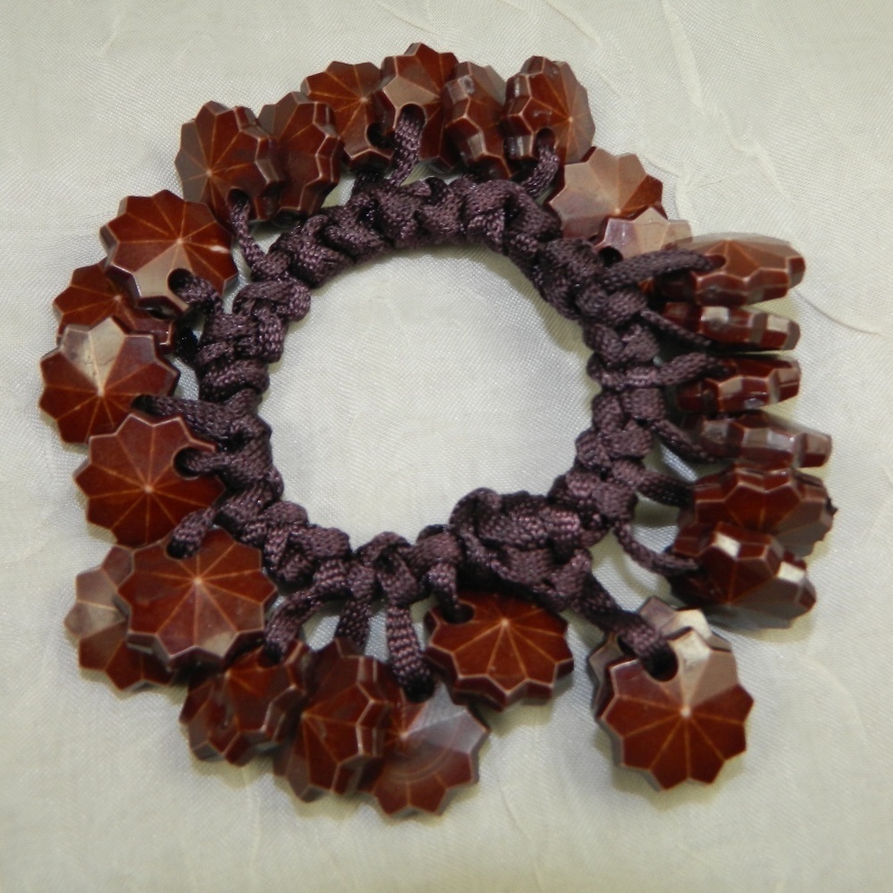 Vintage 70s Boho Carved Wood Star Bead Bracelet Purple Cord Folk Artisan Style